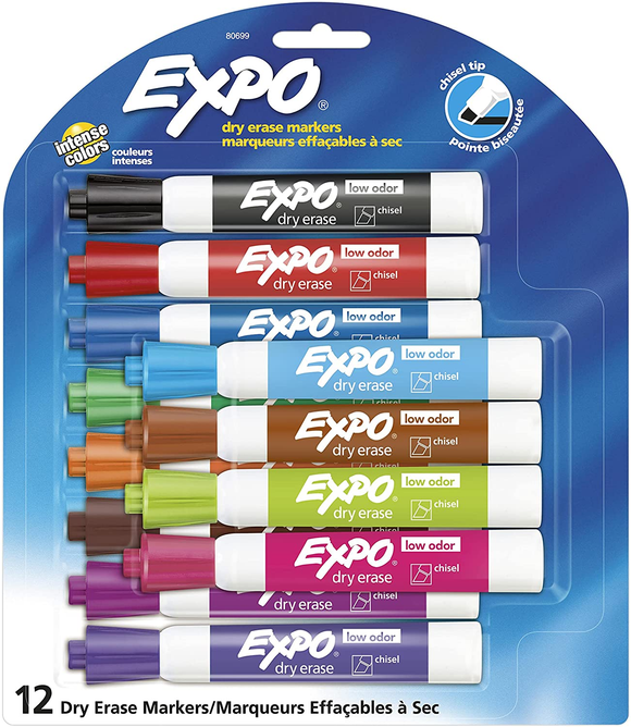 EXPO Low Odor Dry Erase Markers, Chisel Tip, Assorted Colors, 12 Count