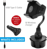 Macally Wireless Charging Car Mount, Cup Holder Phone Mount Charger Compatible with Fast Charging Qi 10W 7.5W 5W for Iphone 11 Max Pro Xs XS Max XR X 8 8 plus Samsung Galaxy S10+ S10E S9 S8 Note Etc.